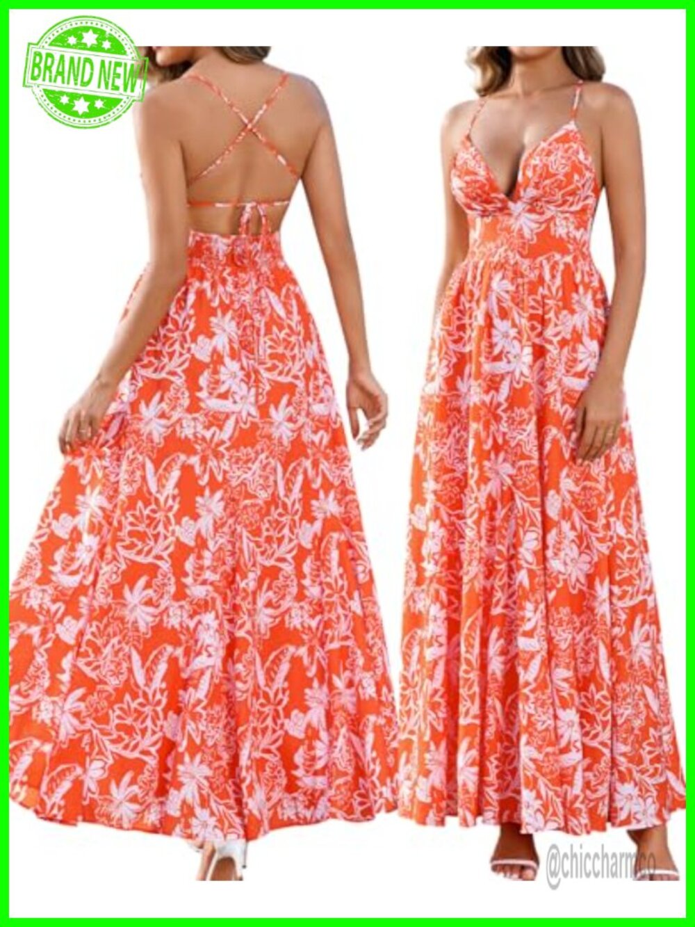 Women's Floral Maxi Dress Spaghetti Strap V Neck Backless Summer Vacation